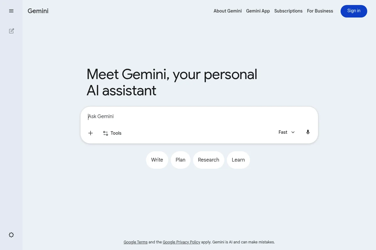 Google Gemini interface with prompt field and tool selection