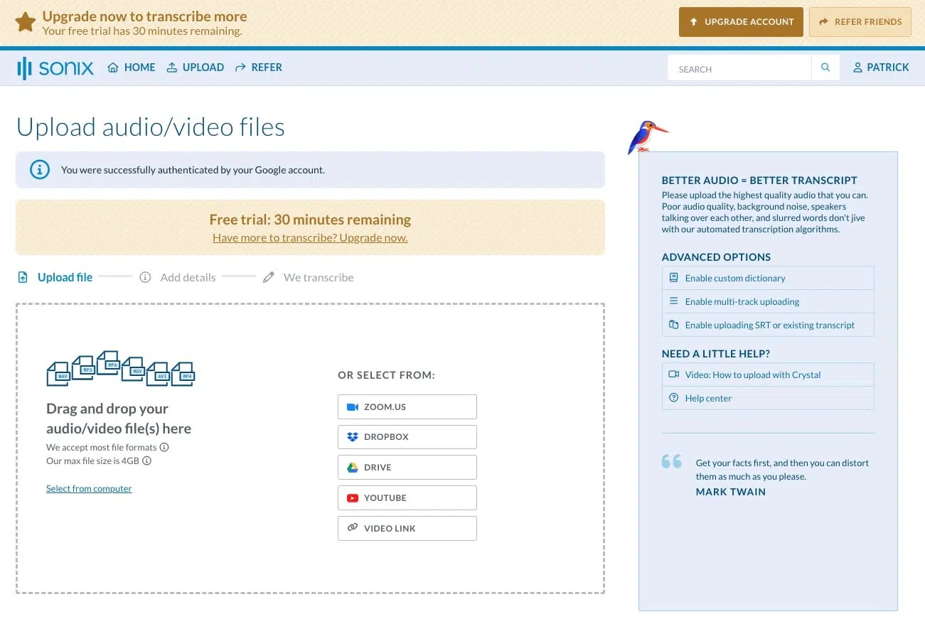 Sonix Benutzeroberfläche