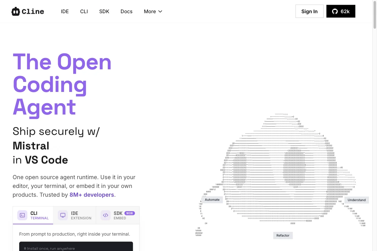 Cline homepage: open source alternative to Claude Code with BYOK and Plan/Act workflow