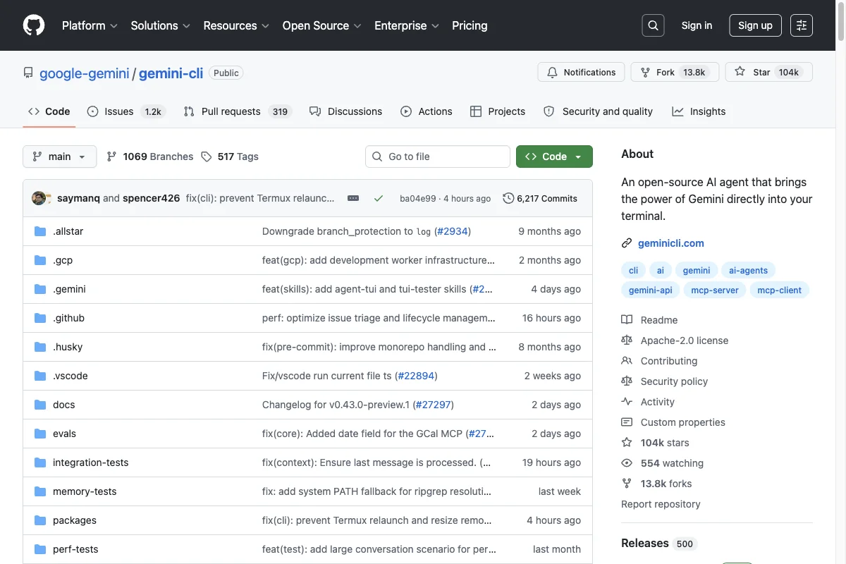 Gemini CLI GitHub repository: 1,000 free requests per day with a 1M token context
