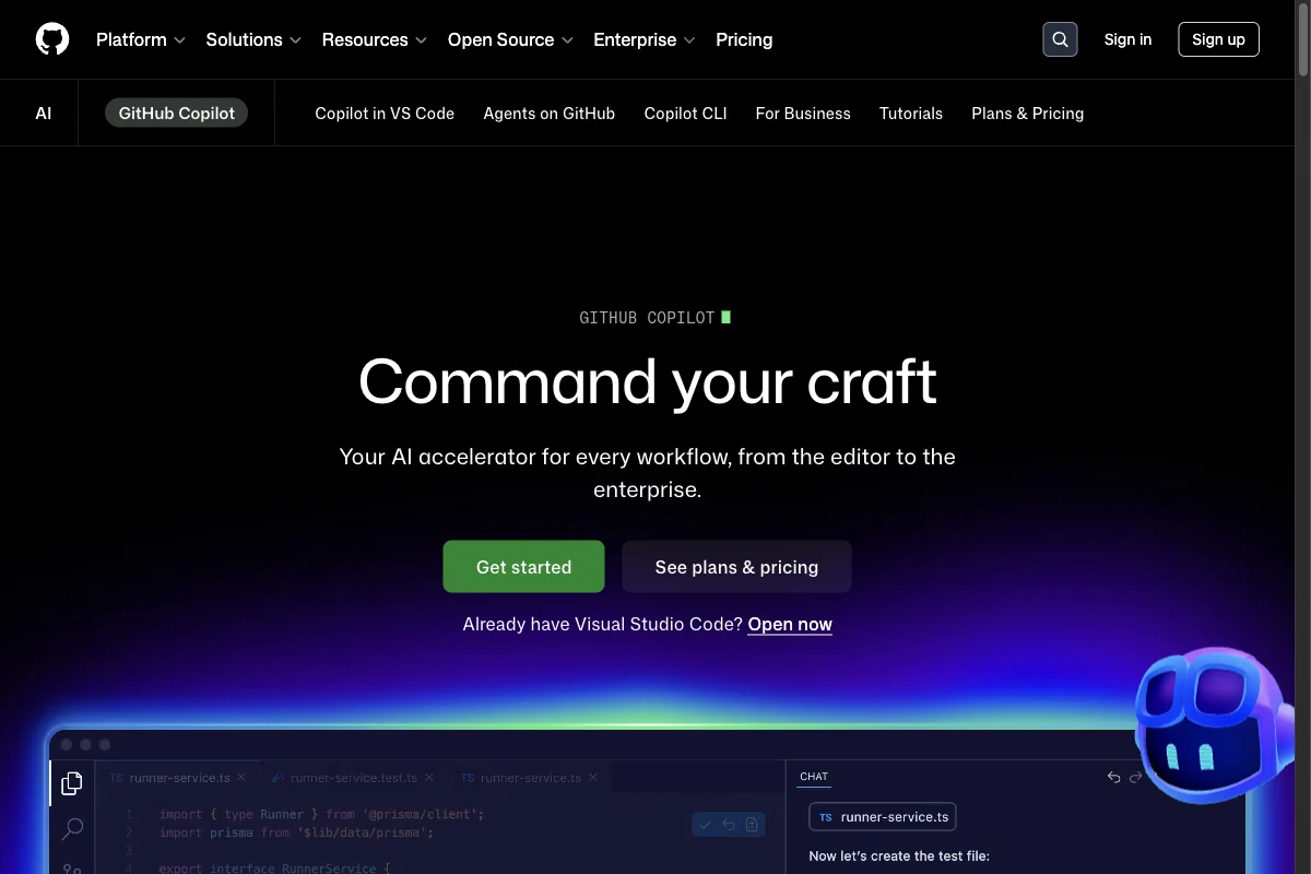 GitHub Copilot homepage: Agent Mode with GPT-5.5, Claude Opus 4.8, and Gemini 3.1 Pro