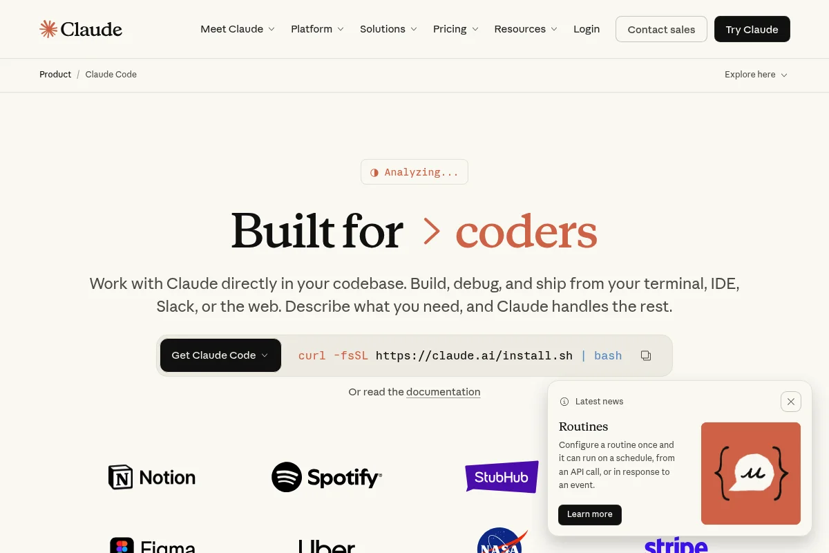 Claude Code landing page with installation command