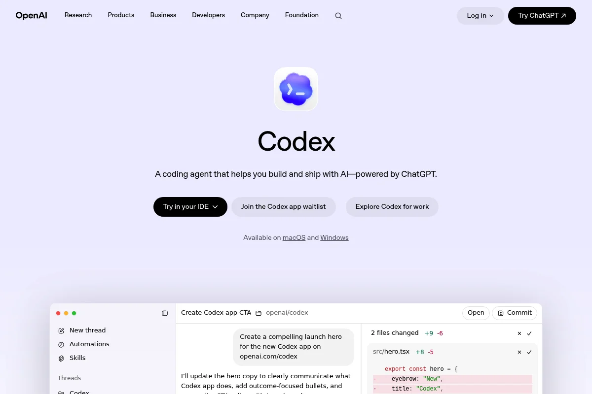 OpenAI's Codex app with a sidebar, file overview, and multi-tab sessions