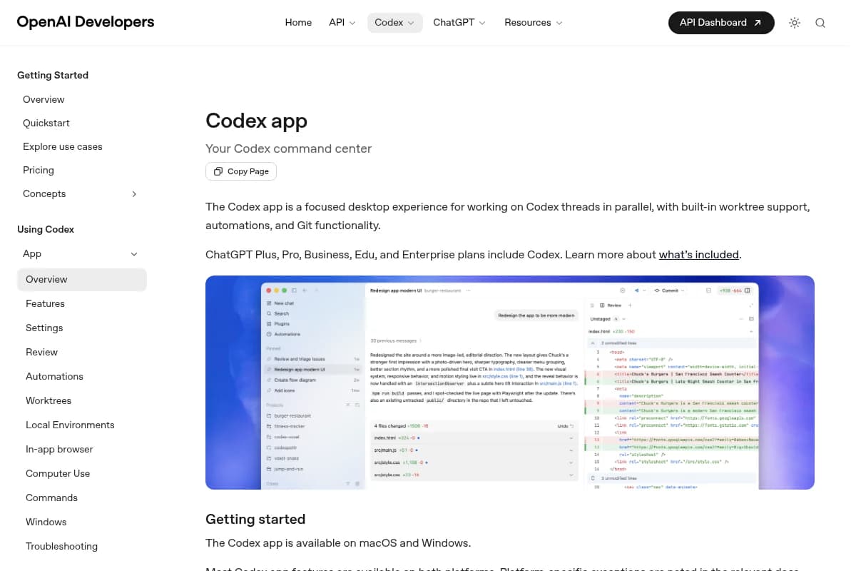 OpenAI Codex Desktop App on the developers website