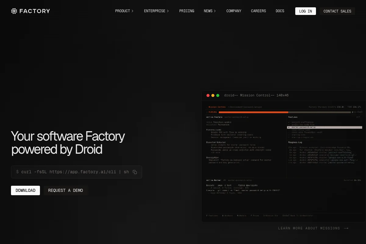Factory.ai landing page with multi-agent coding platform