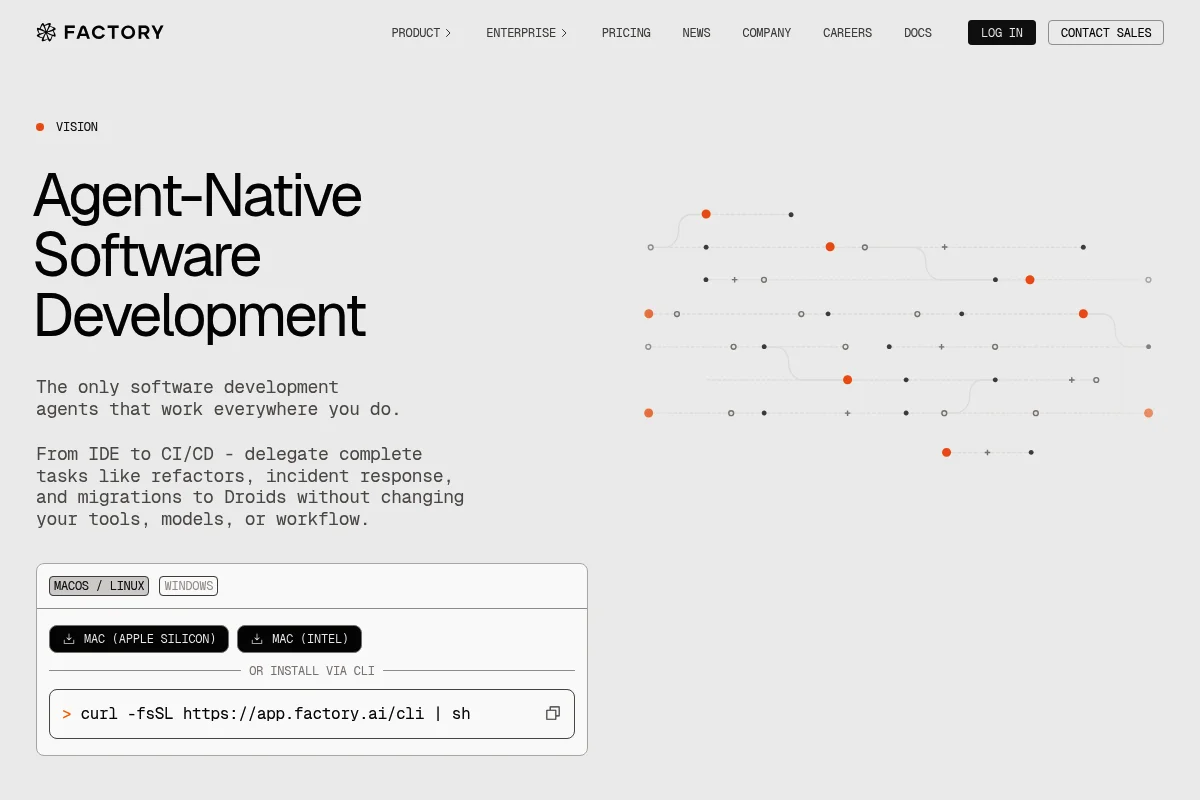 Factory.ai landing page with multi-agent coding platform
