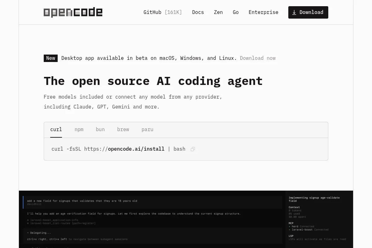 OpenCode landing page showing the open-source coding agent CLI
