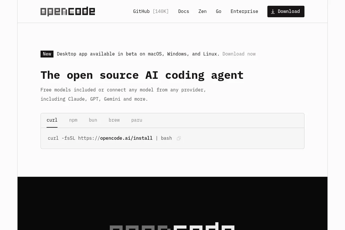 OpenCode landing page showing the open-source coding agent CLI