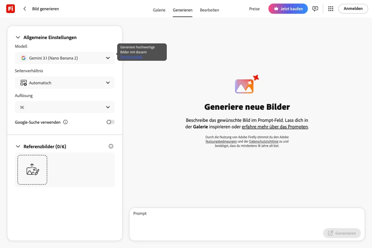 Adobe Firefly image generator with model, aspect ratio and resolution controls