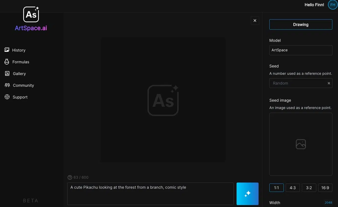 ArtSpace.ai interface with image generation tools