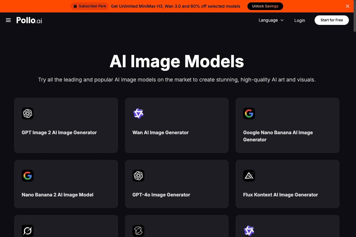 Pollo AI model directory with several image generation models