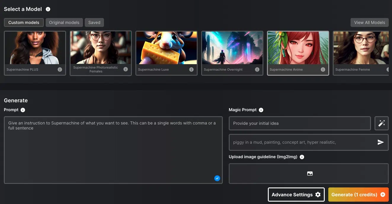 Supermachine interface for AI image generation