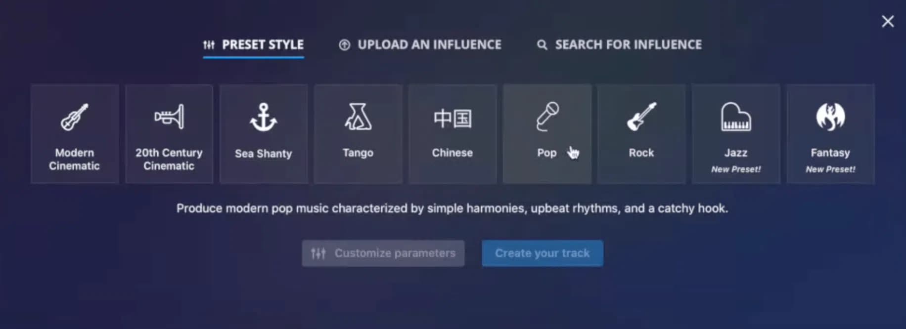 AIVA KI-Musikgenerator Preset-Auswahl für verschiedene Musikstile