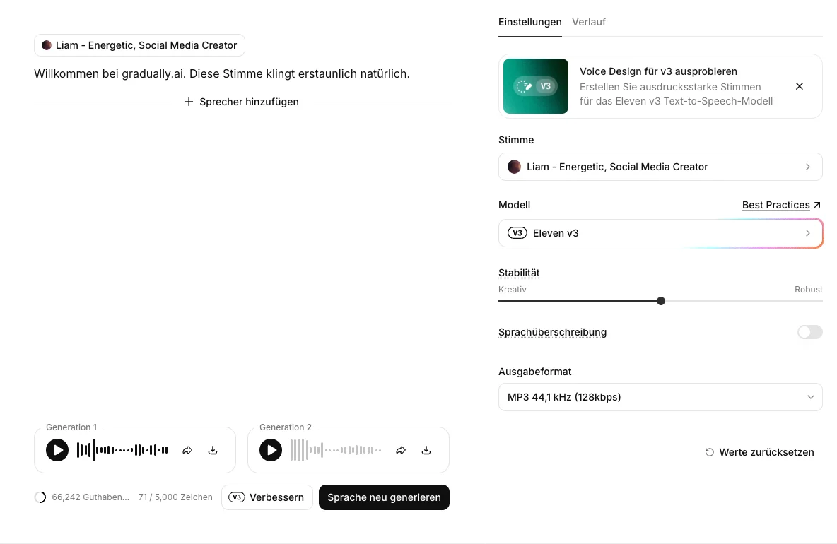 ElevenLabs-Text-to-Speech-Editor mit Modell Eleven v3 in Finns eigenem Account