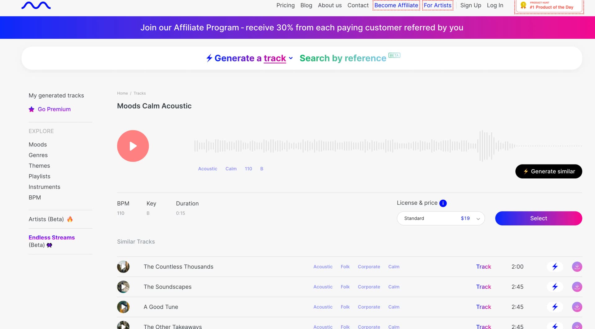 Mubert KI-Musikgenerator Vergleichsansicht mit ähnlichen Tracks