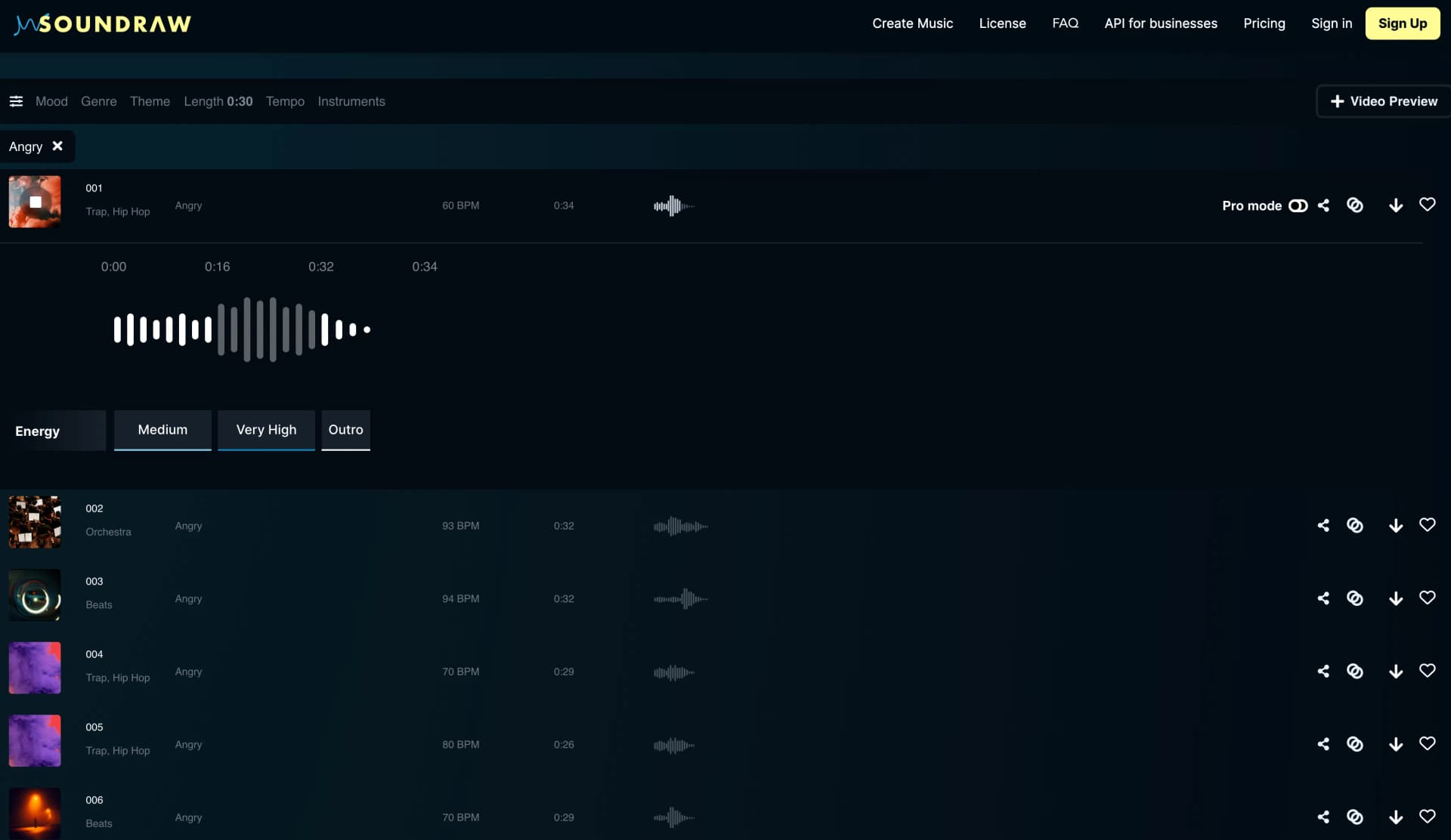 Soundraw KI-Musikgenerator Vergleichsansicht mit mehreren generierten Musikstücken