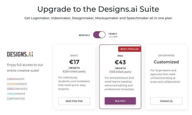 Designs.ai pricing overview