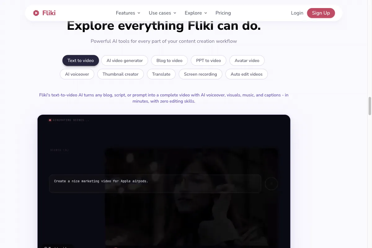 The Fliki homepage with AI tools for text-to-video and voiceover