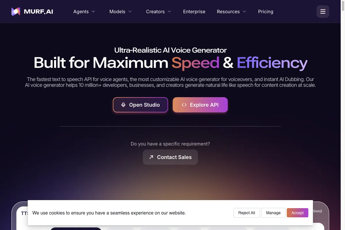 The Murf.ai homepage with its voiceover suite and built-in editor