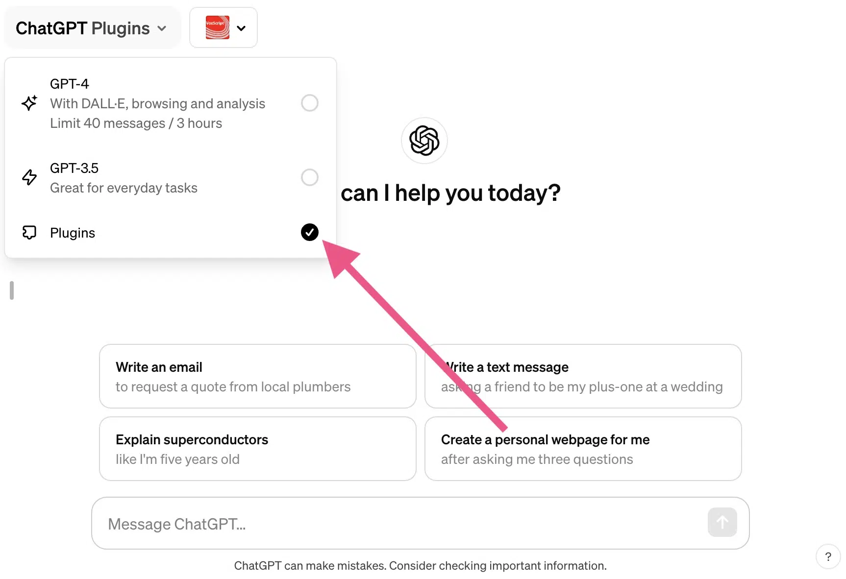 Selecting the plugin model in ChatGPT