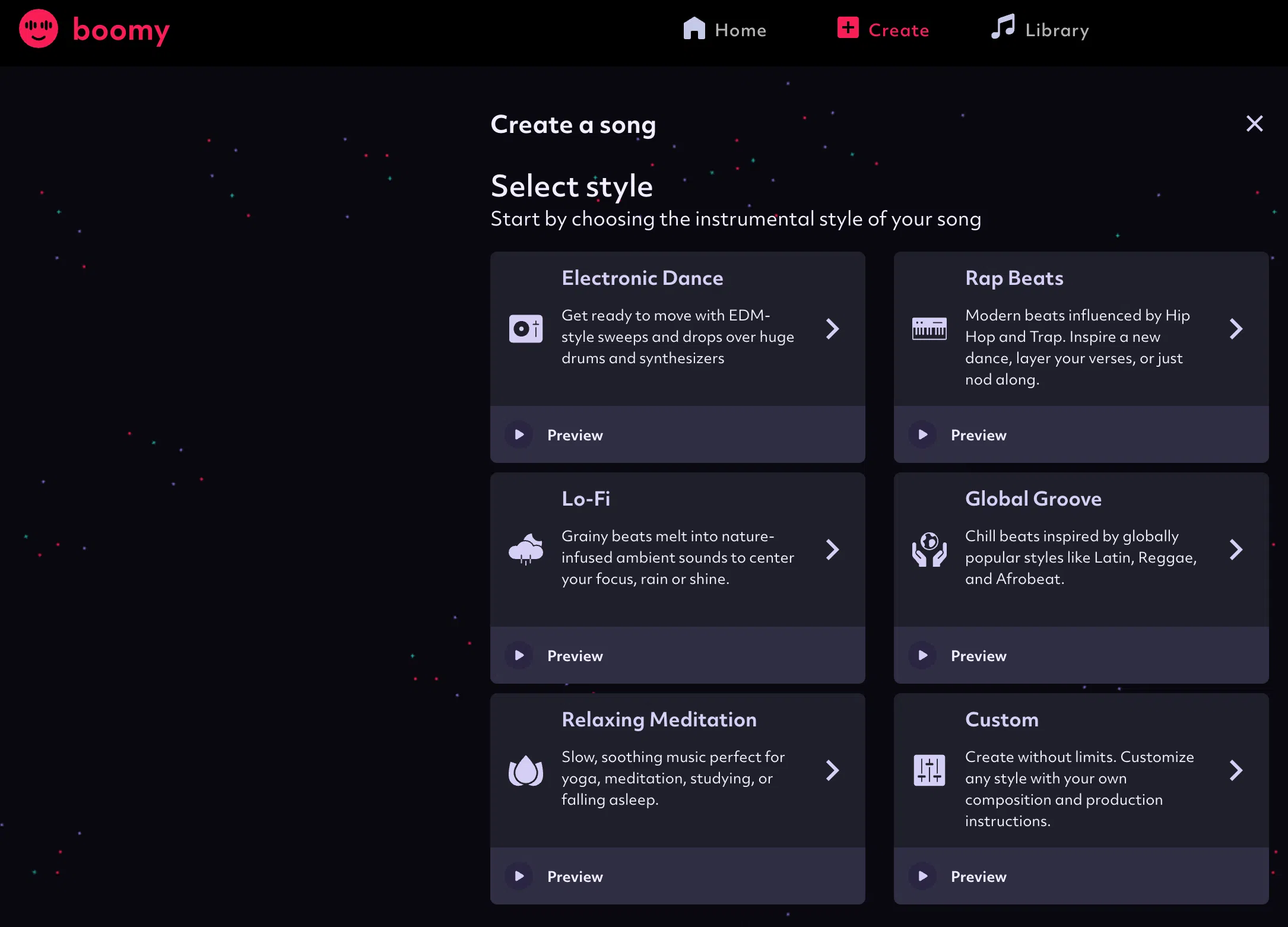 Boomy KI-Musikgenerator Kategorie-Auswahl für Musikstile