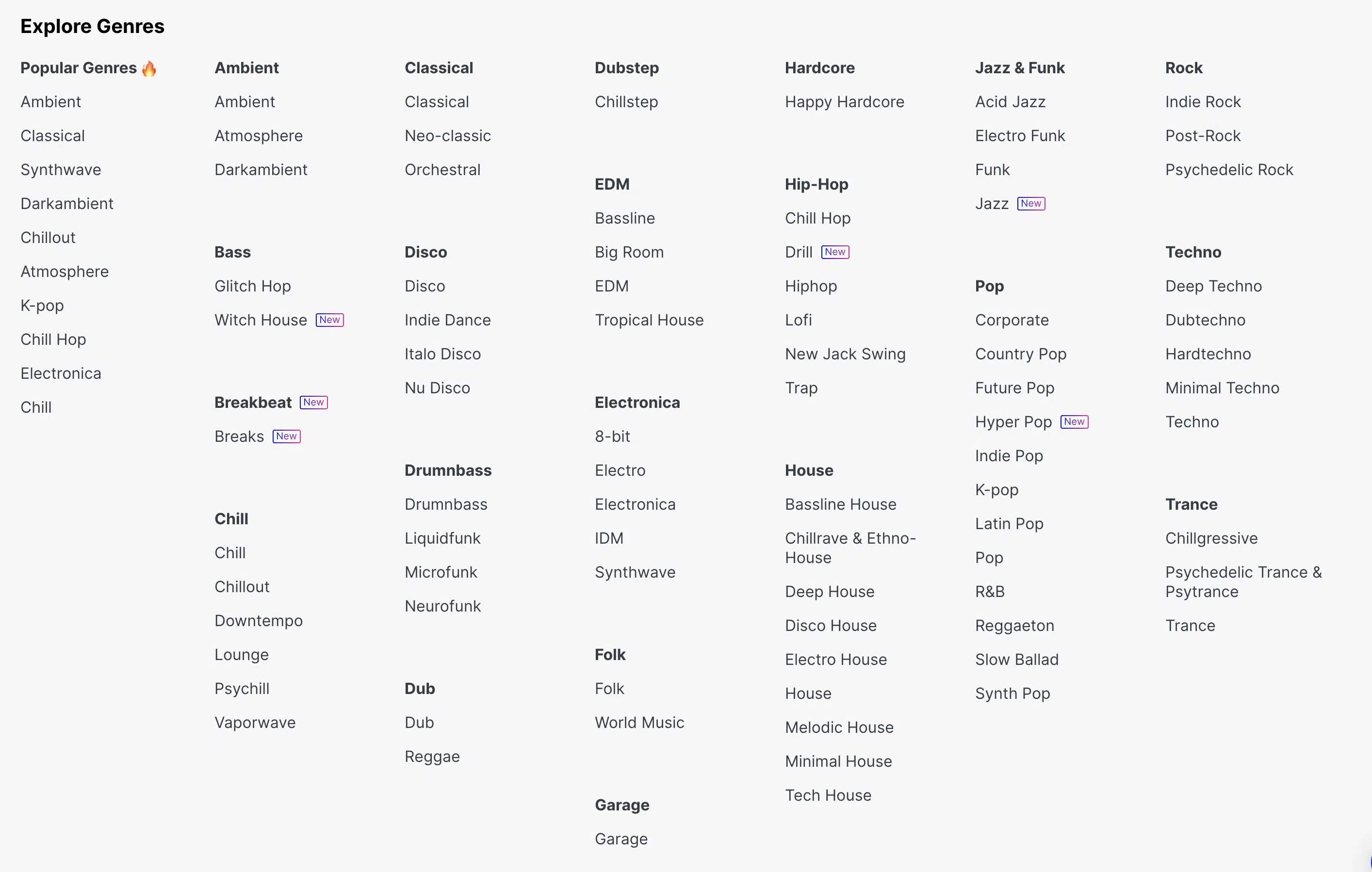 Mubert Genre-Auswahl mit über 150 Genres und Stimmungen