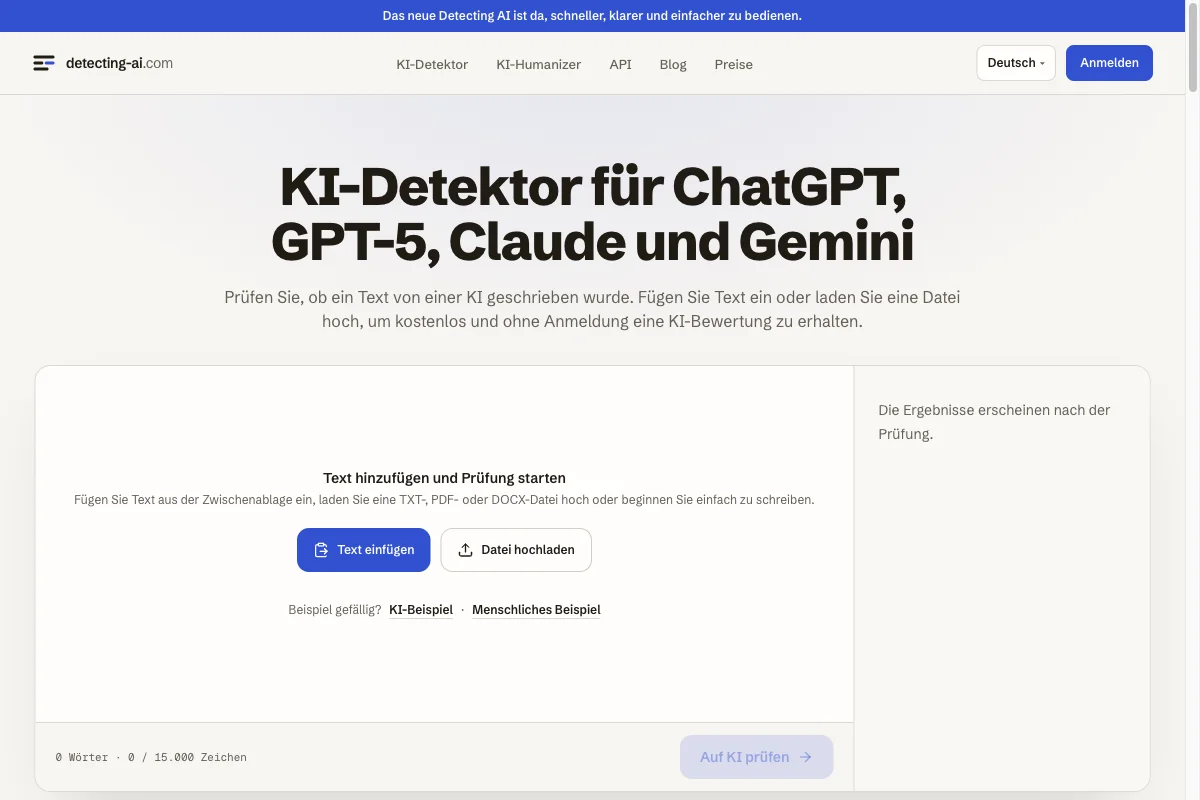 Öffentliche Eingabeseite von Detecting AI mit Schaltfläche zur KI-Textprüfung