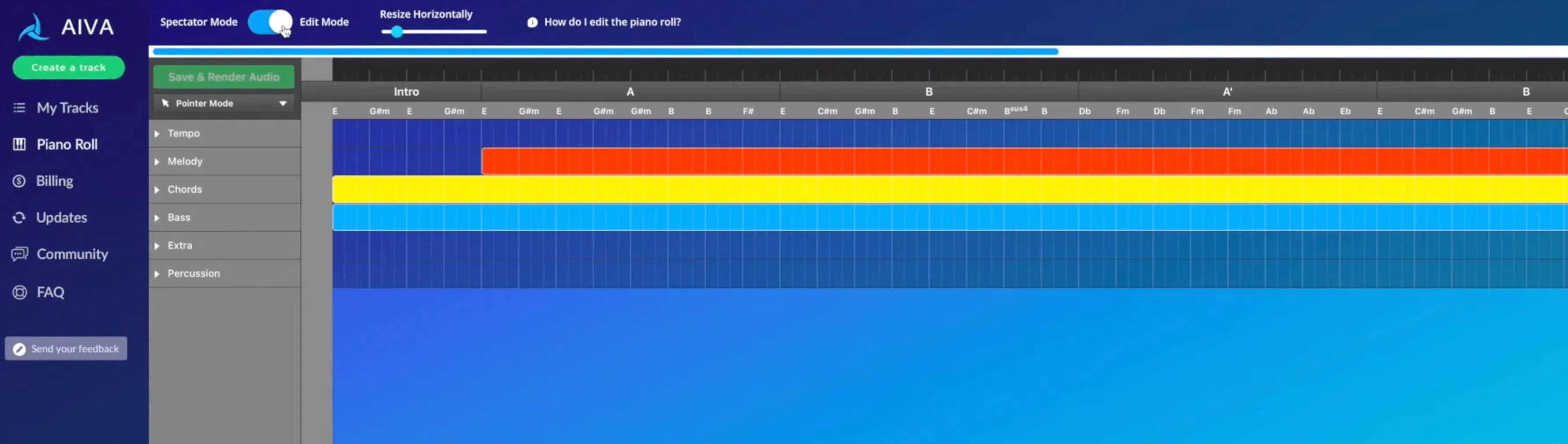 AIVA Piano Roll editing view for subsequent music adjustments