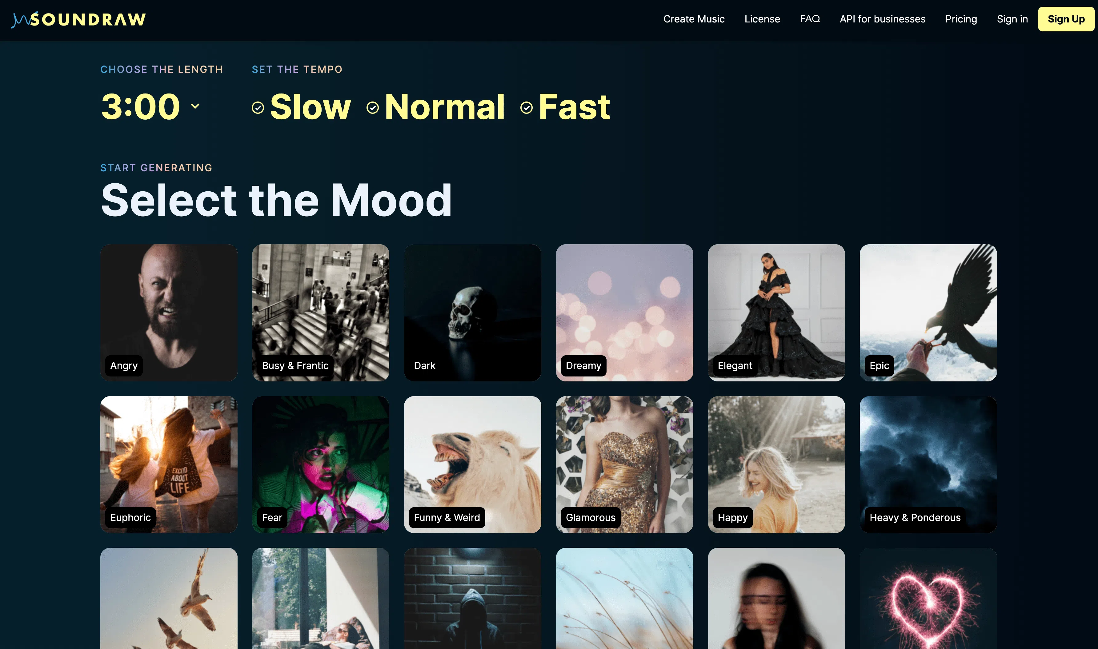 Soundraw AI music generator interface with mood, length, and tempo settings