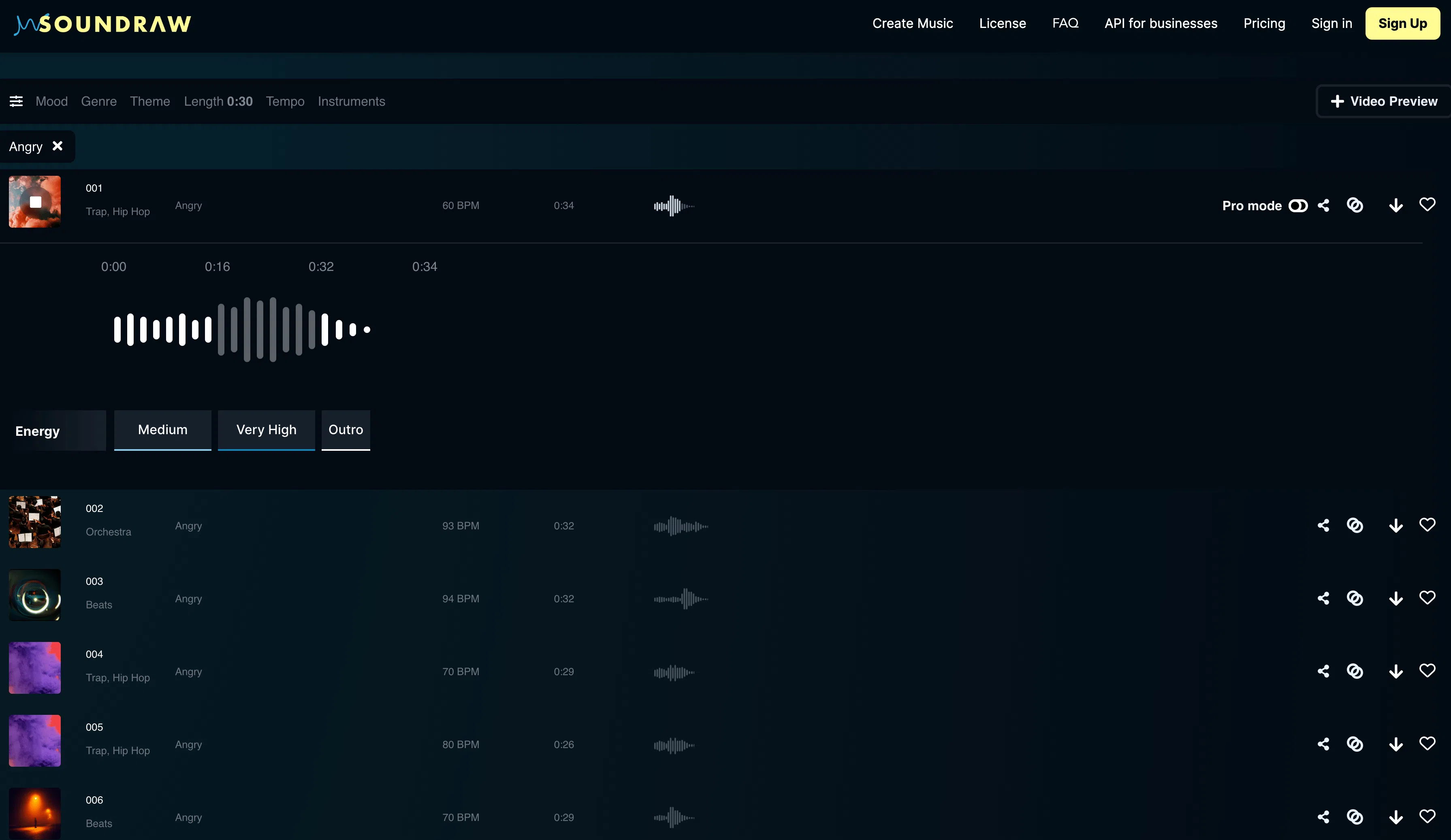 Soundraw AI music generator comparison view with multiple generated music pieces