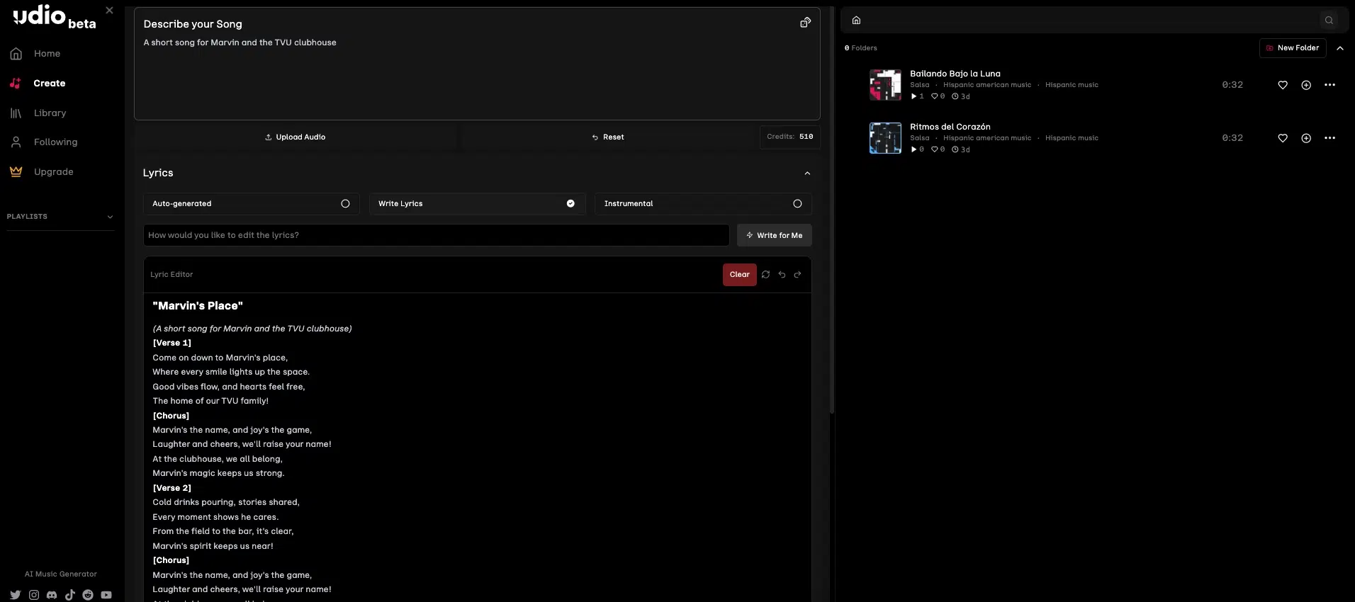 Udio music creation interface with genre, lyrics, and style options
