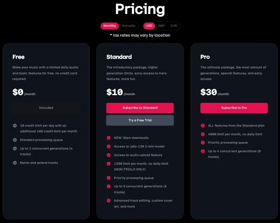 Udio pricing overview
