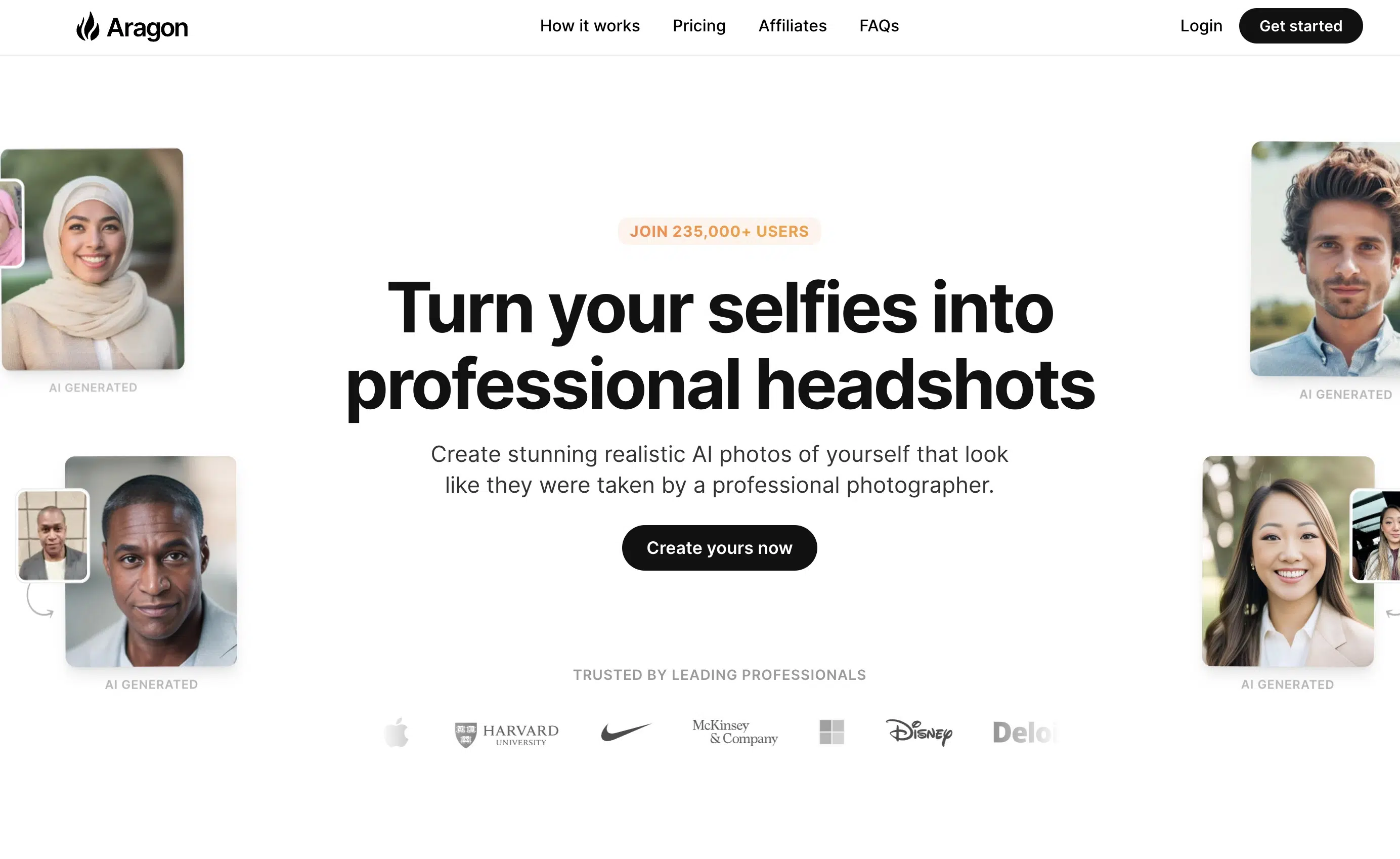 Aragon AI main interface for professional portrait generation